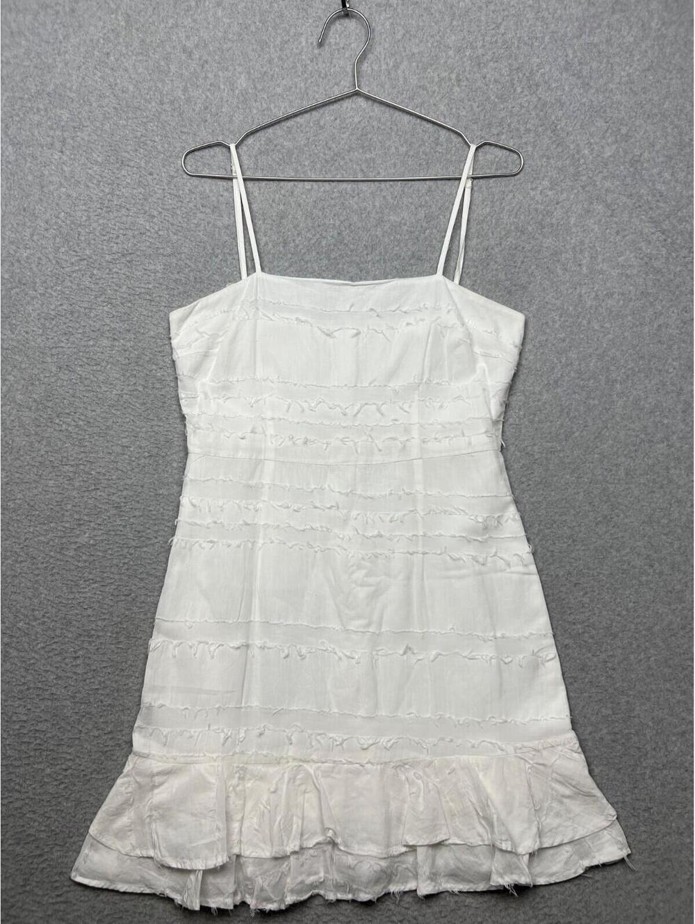 Cotton Candy LA Womens Shift Mini Dress L White Ruffle Fringe Spaghetti Strap